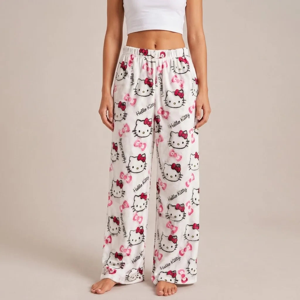 Hello Kitty Fleece Coral Pajama Pants Soft Trousers Women Casual Home Trousers Anime Cartoon Birthday Gift