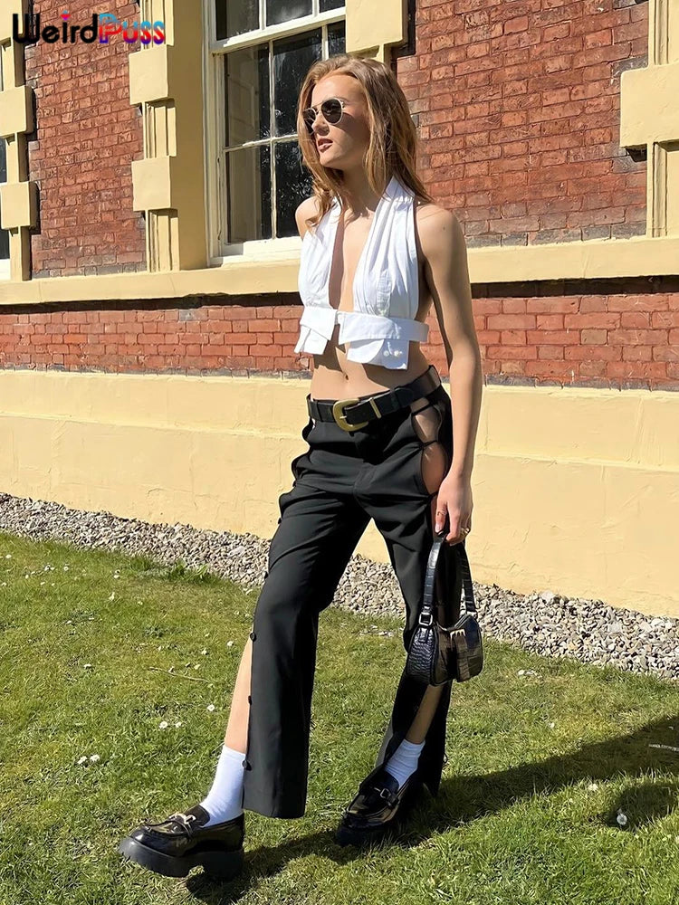 Weird Puss Y2K Button Halter Camisole Women V-Neck Skinny Elegant Sexy Summer Fashion 2022 Wild Streetwear Backless Tank Tops