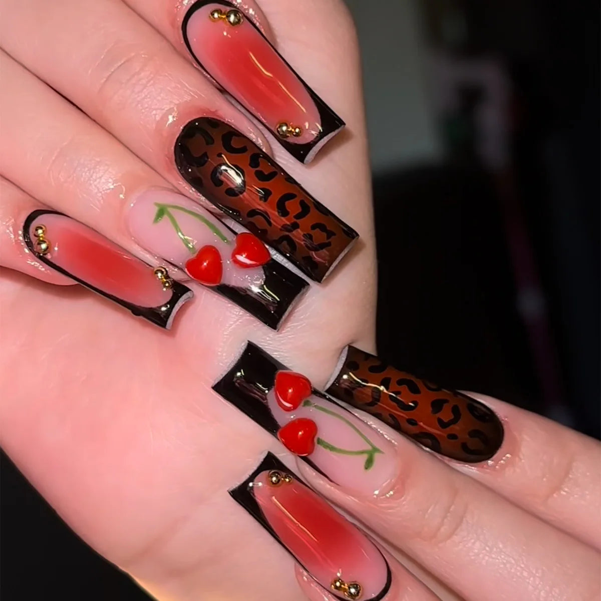 24Pcs Long Square Press on Nails Leopard Print French 3D Cherry Design False Nail Rhinestone Wearable Full Cover Fake Nails Tips