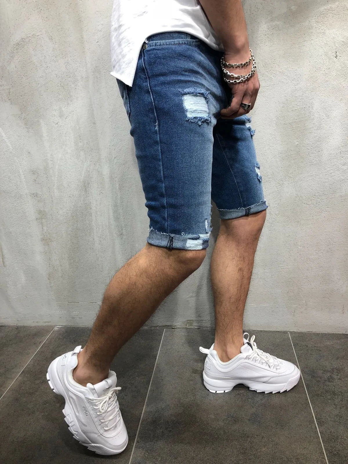 Summer Ripped Skinny Denim Shorts for Men with Distressed Ripped Cat Whiskers Hip Hop Streetwear Short Pants Men's Pants