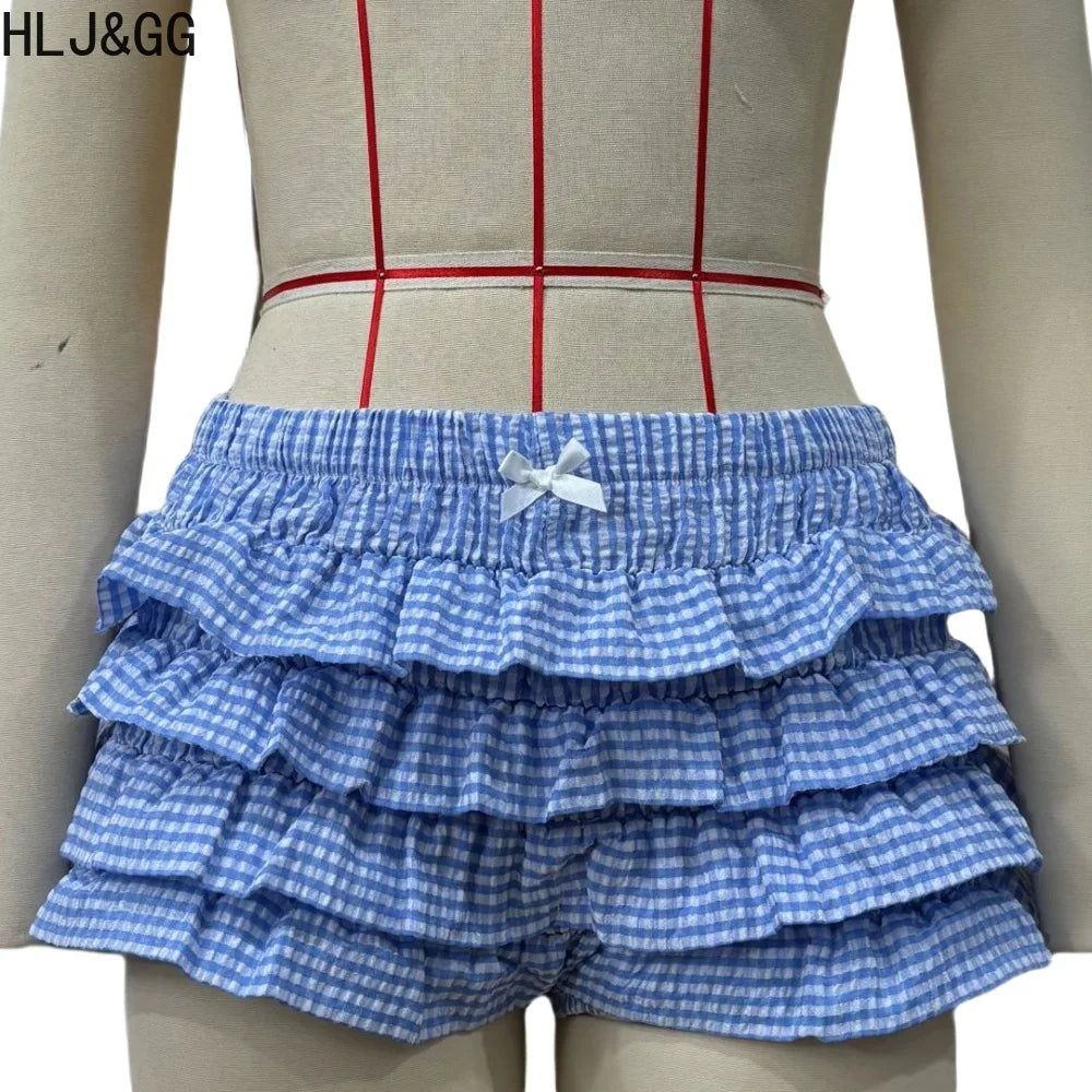 HLJ&GG Summer New Letter Y2K Streetwear Women V Neck Short Sleeve Slim Crop Top And Ruffle Plaid Shorts Two Piece Sets Outfits