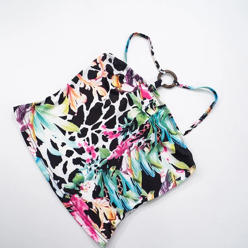 Sexy Nightclub Party Bikini Set with Irregular Round Buckle Printed Backless Short Tight Spring Summer Women's Lingerie Swimwear