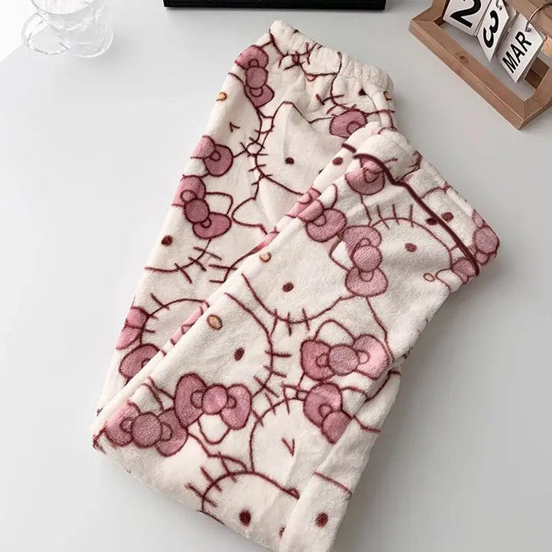 Sanrio Hello Kitty Women's Pajamas Sets Cuteore Cartoon Winter Warm Sleepwear Long Sleeve Pants Nightwear Flannel Home Clothes