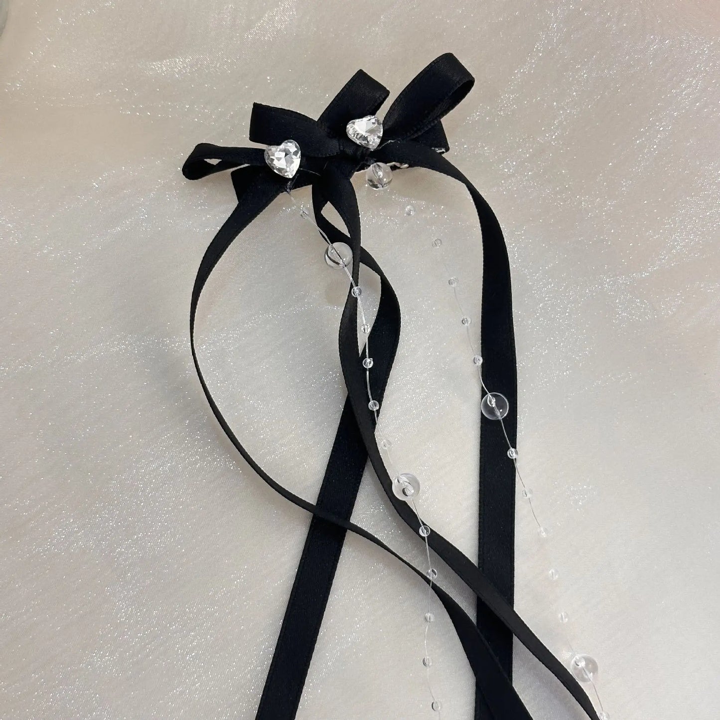 Ribbon Glass Beaded Bow Tassel Hair Clip Women Korean Y2K Fashion Solid Color Hairpin Girls Party Headwear Side Clips