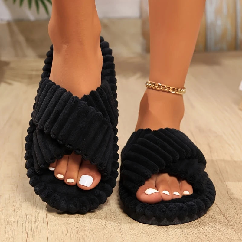Women Corduroy Cross Strap Home Slippers Men Soft Warm Flat Slides Family Indoor Fashion Concise Plush Sandals For Four Seasons