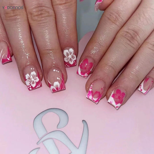 24Pcs Fairy White Flower Fake Nails Pink French Tip Press on Nails Short Square Wearable False Nail for Girls DIY