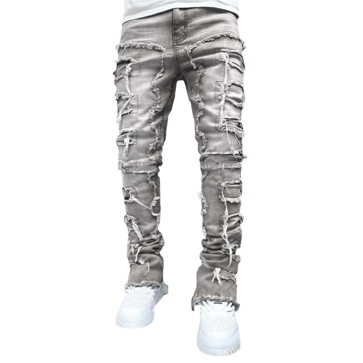 2025 New Men's Stacked Jeans Stretched Patchwork Tassel Damaged Denim Full Length Pants Hip-pop Trousers For Male