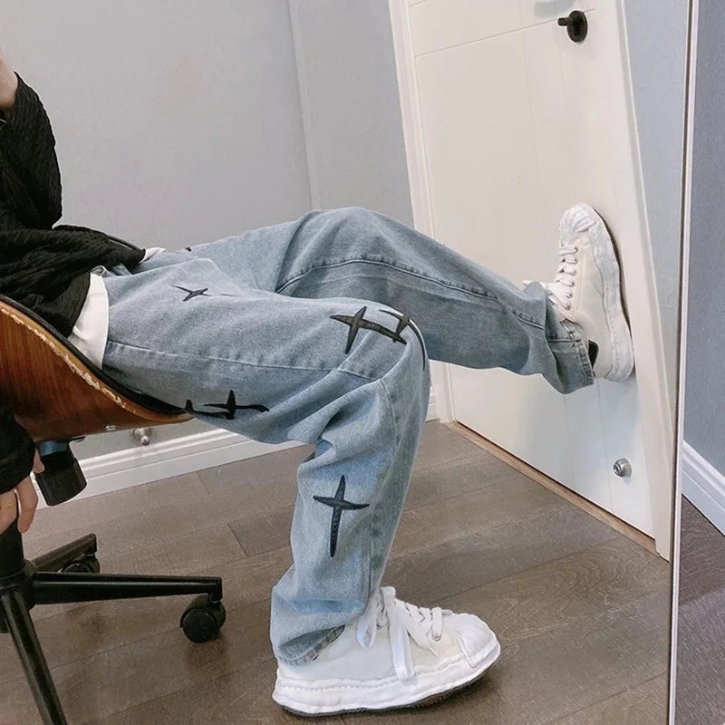 Boyfriend Vintage Fashion Straight Casual Loose Denim Cargo Pants Men Designer Prints Star denim pants Streetwear Loose Wide Leg Jeans