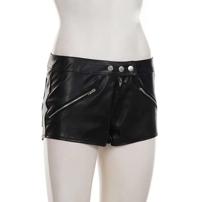 Street punk style low waist exposed navel three button leather shorts