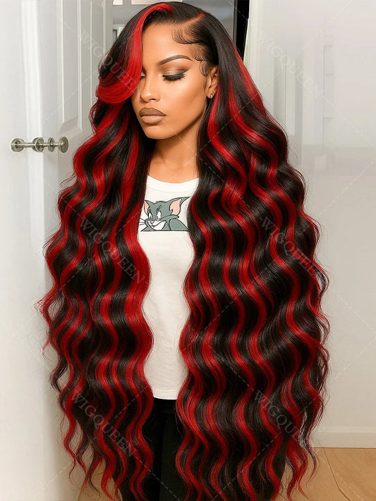 Omber Black With Red Colored Wigs Highlight Lace Front Wigs Human Hair Body Wave Brazilian 5x5 Hd Lace Frontal Glueless Wigs