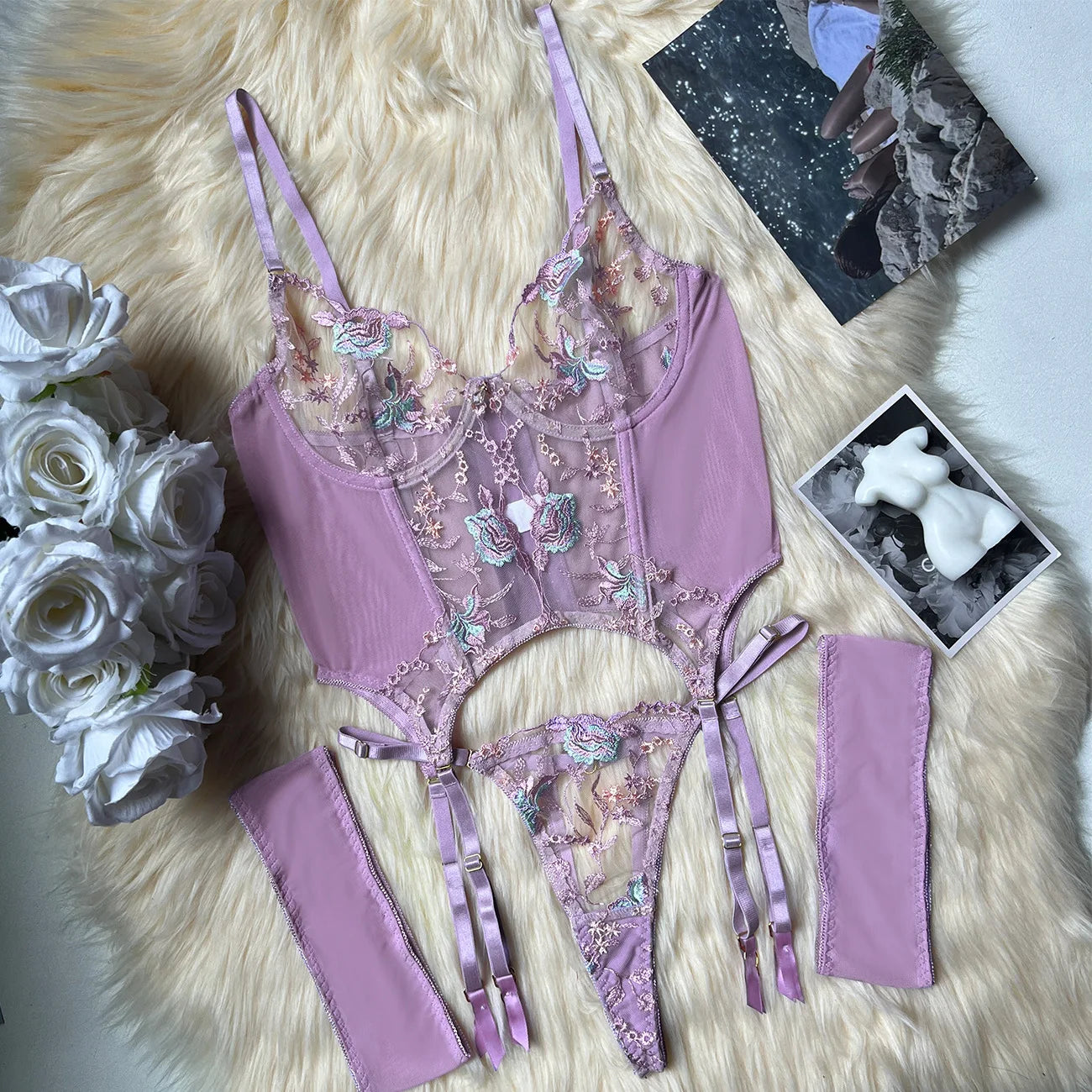 SINGREINY Gauze Sheer Slim Erotic Bra&Brief Sets Fashion Embroidery Club Sleepwear Female Prono Transparent Sexy Underwear Suits