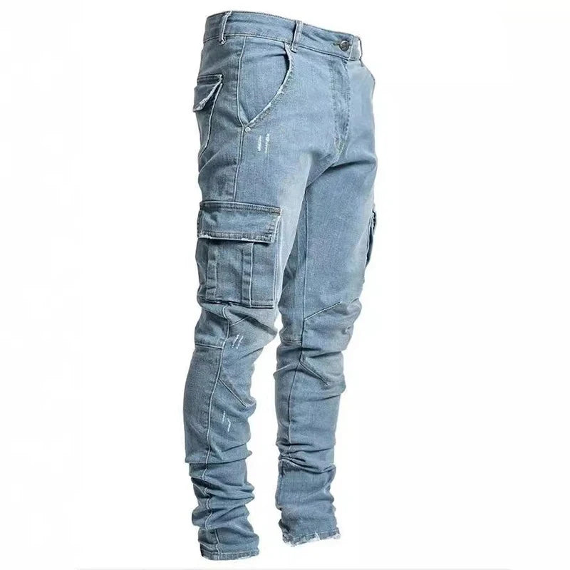 Men Street Elastic Denim Wash Solid Color Multi Pockets Cargo Pants Casual Slim Fit Daily Wear Joggers Mid Waist Trousers