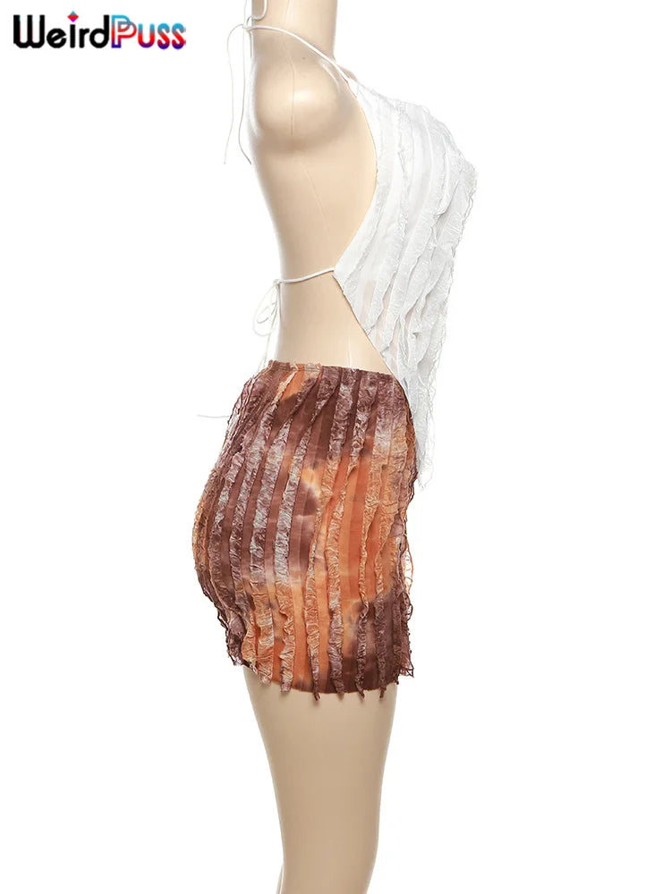 Weird Puss Ruffles Women Sexy 2piece Set See Through Low-Neck Camisole+Peach Hip Skirts Vacation Midnight Clubwear Matching Suit