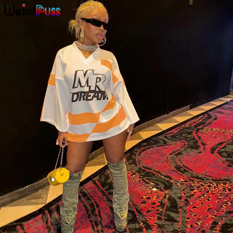 Weird Puss Casual Hipster Women T-Shirt Contrast Letter Print Long Sleeve V-Neck Wild Streetwear Loose Summer Comfortable Tees