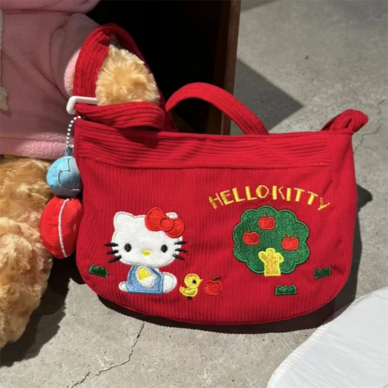 Kawaii Retro Red Cartoon HelloKitty Crossbody Bag Cute Japanese Girl Fashionable Corduroy Shoulder Bag Storage Bag Children Gift