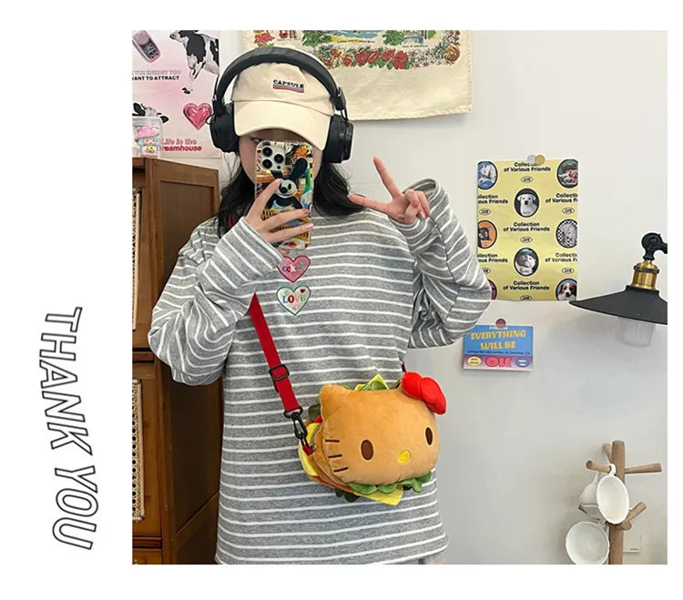 Hello Kitty Kawaii Hamburger Plush Mini Crossbody Bag Adorable Shoulder Purse for Teen Girls Kawaii Fashion Shoulder Bagfor Girl