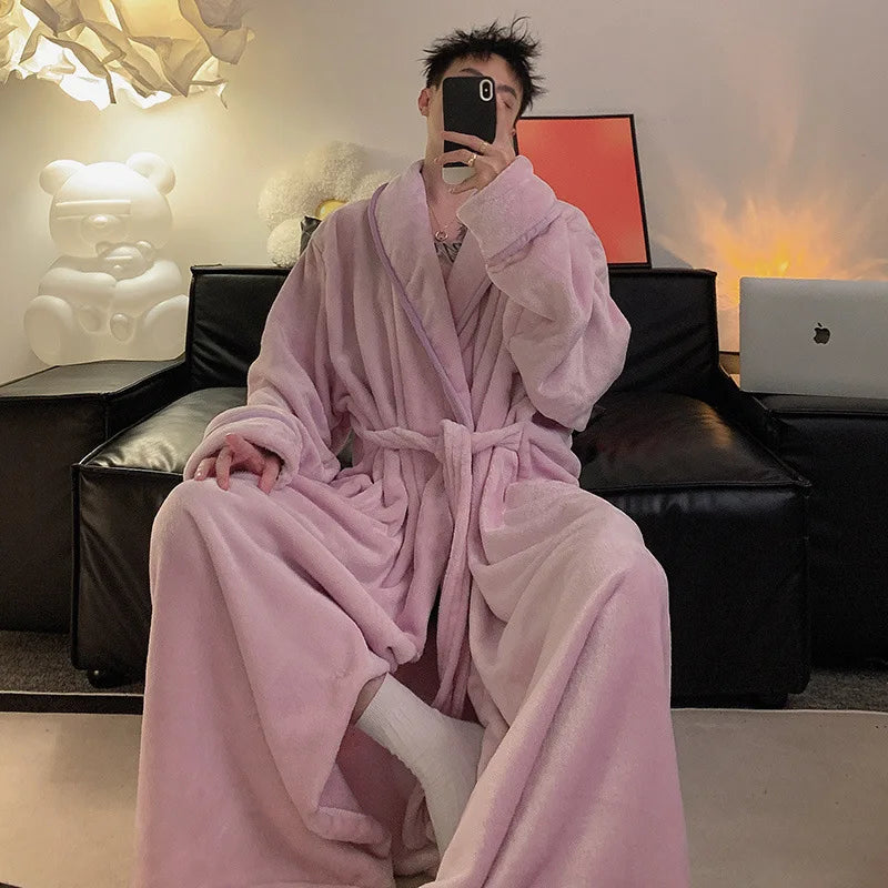 Large Size 150kg Men's Bathrobe Pajamas Winter Thickened Collar Fleece Long Hotel Nightgown Shawl  Sleepwear Long Spa Robe