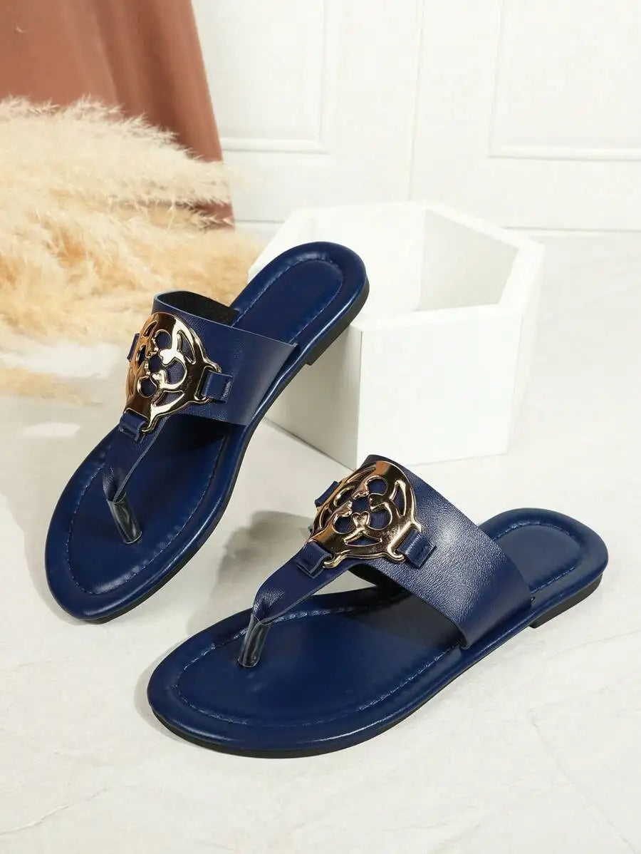 Womens Flat Sandals With Metal Decoration, Soft Cushion, Toe Ring And Lightweight