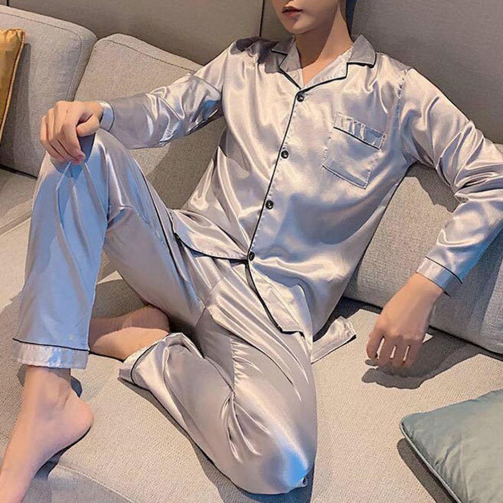 1 Set Men Sleepwear Solid Color Long Sleeved Single Breasted Home Wear Ice Silk Loose Plus Size Pajamas Set For Home