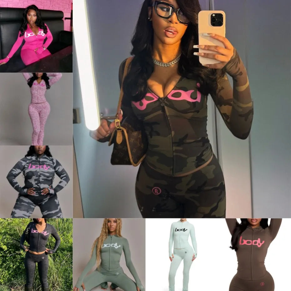 10 Wholesale Fall Tracksuits Camouflage Printing Two Piece Set Womens Outfits Slim Long Sleeve Hooded Jackets + Pants K15697_2