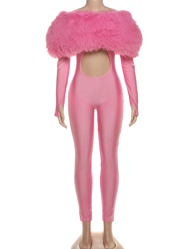 Furry Slash Neck Hollow Patchwork Jumpsuit — Women's Luxury