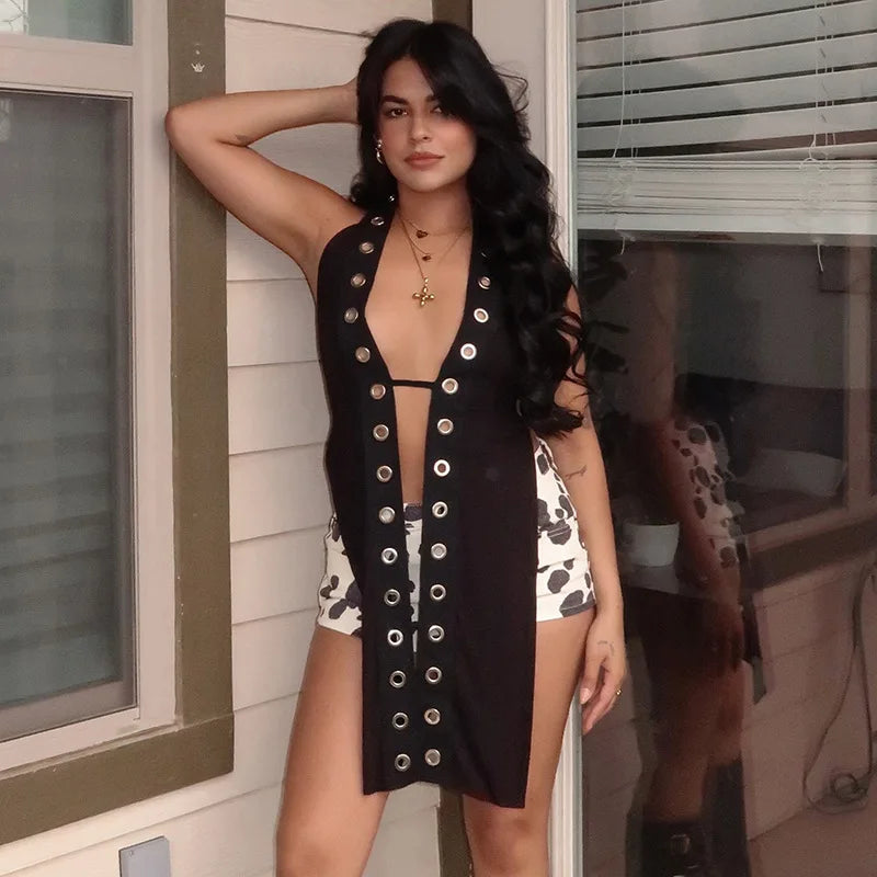 STYLISH LADY Lace Up Backless Tops 2025 Summer Women Halter Sleeveless Hollow Out Black Sexy Club Party Street Tees