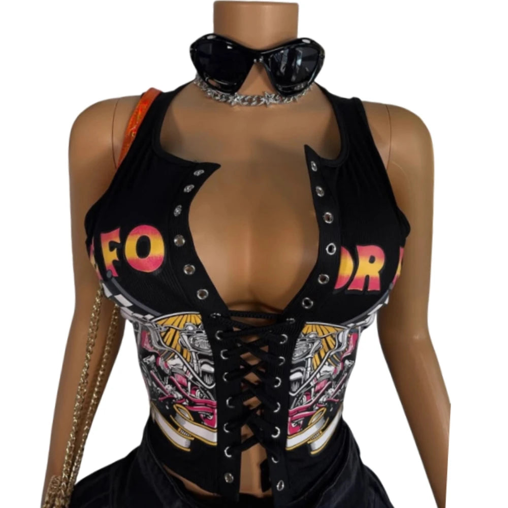 HLJ&GG Black Sexy Hot Girl Hollow Bandage Two Piece Sets Women Deep V Sleeveless Tank Top+Pleated Mini Skirts Outfits Streetwear