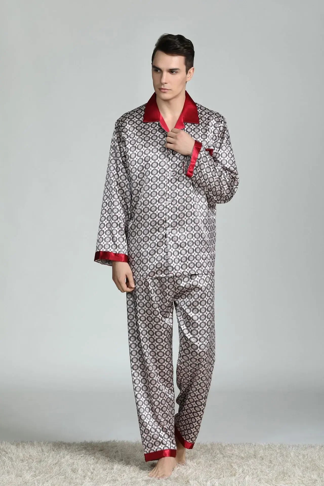 Silk Satin Pajamas for Men Sleepwear Cozy Soft Print Long Sleeve Nightgown Tops + Trousers Two Pieces Mens Pajama Set