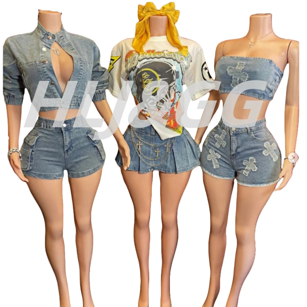 HLJ&GG Blue Fashion jeans Pocket Cargo Shorts Two Piece Sets Women Zipper Long Sleeve Crop Top And Shorts Outfits Cowboy Suits