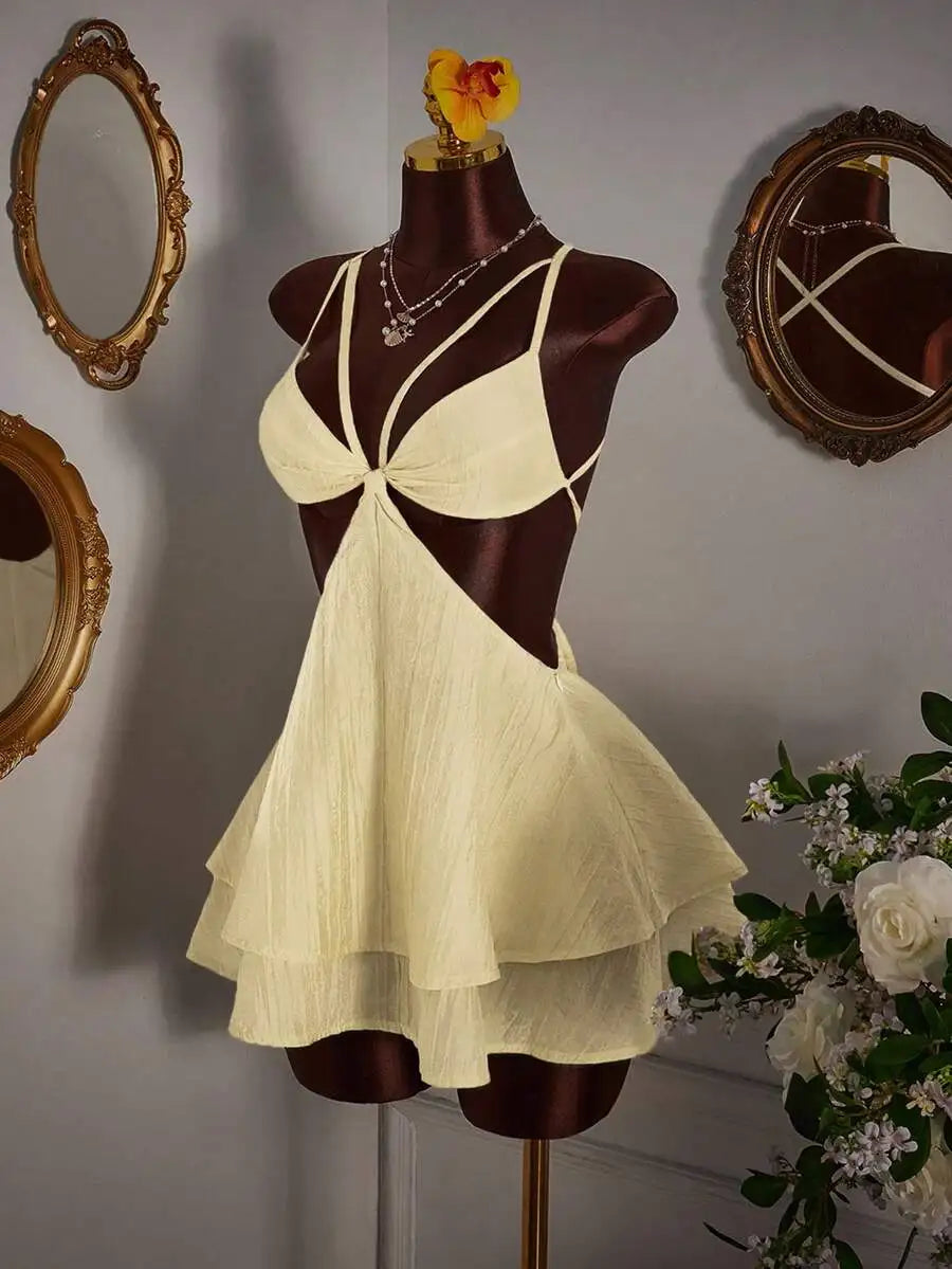 Women Solid Color Cropped Waist Mini Dress With Ruffle Skirt Casual Party Wear