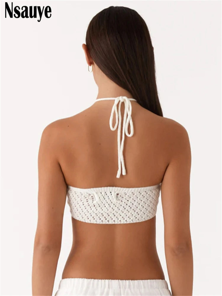 Nsauye Flower Knitted Halter Chic Off Shoulder Crop Top Sexy Club Fashion Women Summer Sleeveless Hollow Out Beach Tank Tops