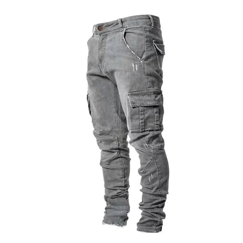 Men Street Elastic Denim Wash Solid Color Multi Pockets Cargo Pants Casual Slim Fit Daily Wear Joggers Mid Waist Trousers