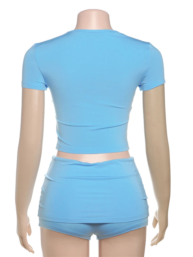 Weird Puss Casual Sporty 2 Piece Set Women Tracksuit Letter Print Short Sleeve Crop Tops+Ruched Shorts Daily Fashion Streetwear