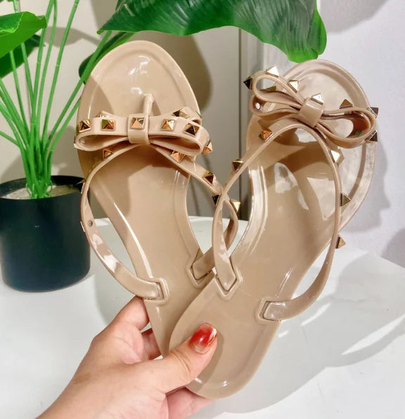 Ladies Leisure Waterproof Shoes Summer Zoris Slippers In Flats Clear Yellow Flip-Flops With Gold Stud Bow-Knot PVC Slides 36-42