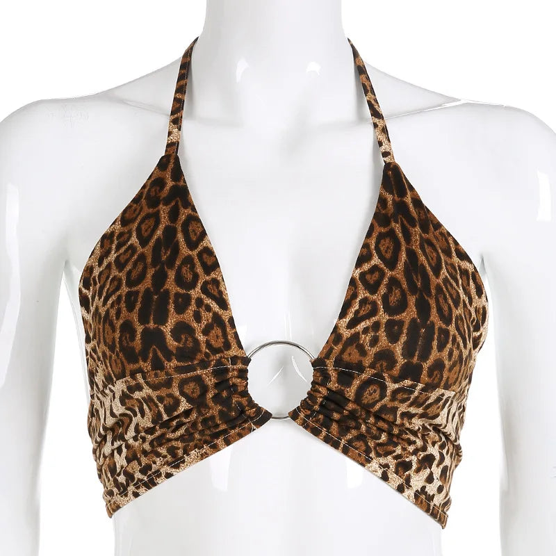 Leopard Print Halter Crop Top for Women Backless Bandage Lace-Up Sequin Metal Ring Detail Party Club Bustier 2025 Style