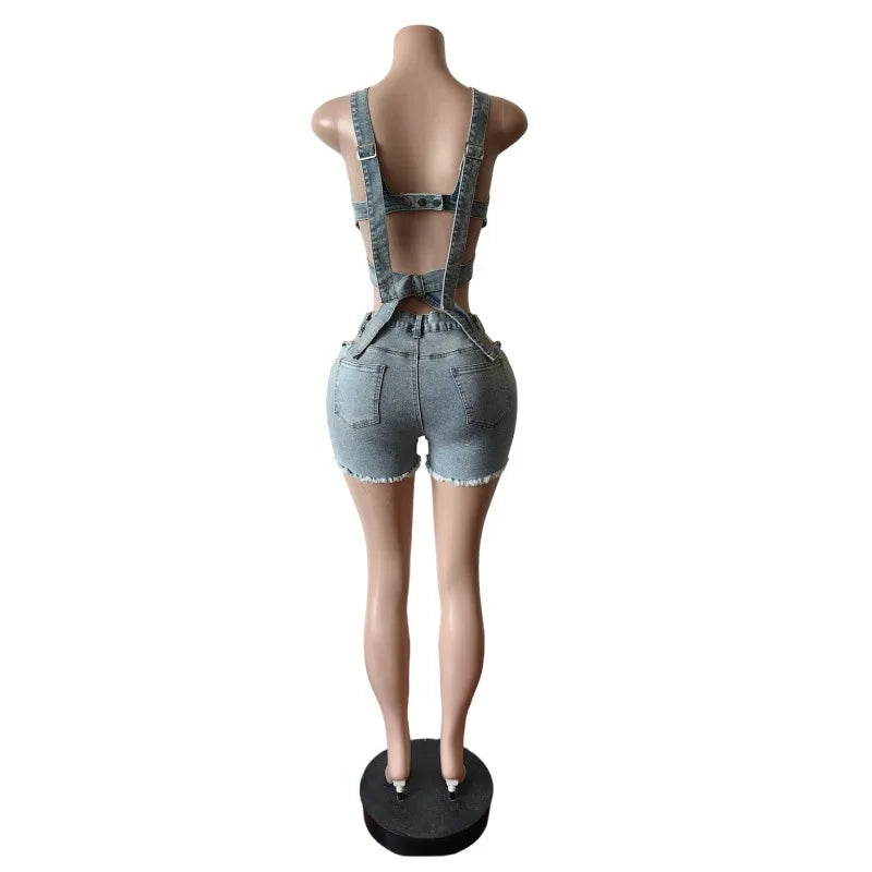 Streetwear Jeans Shorts Outfit Set Sexy Women Elegant Two Pieces Denim Club Matching Set Top+Shorts
