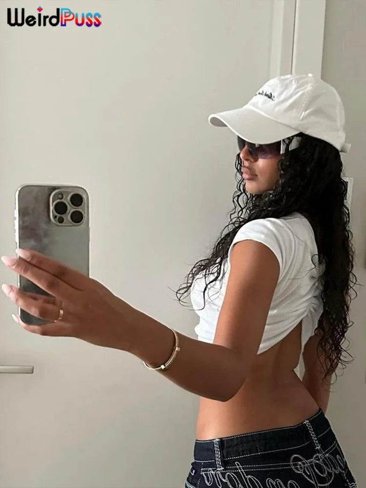 Weird Puss Casual T-Shirt Monogram Y2K  Women Shorts Sleeve Shirring Crop Tops Chic Hot Hot Girl Wild Streetwear Tees