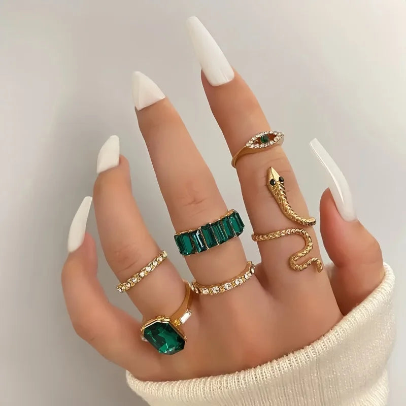 8PCSSet Of Fashionable And Retro Imitation Gemstone Snake-Shaped Twisted Rings For Women, Retro Wave Geometric Inlaid Rhinestone