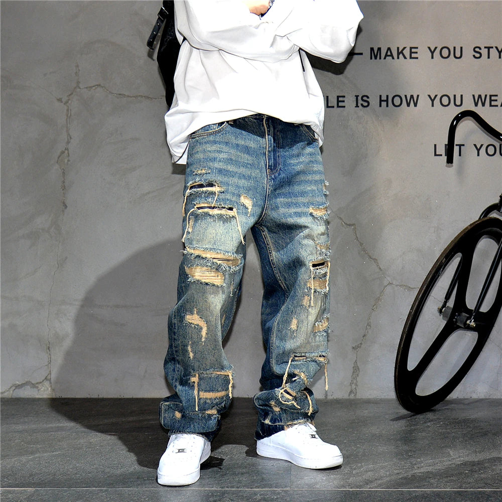 Ripped Baggy Jeans Distressed Denim Streetwear Skateboard Pants Straight Leg Patchwork Oversized Urban Fashion Workwear, men's jeans