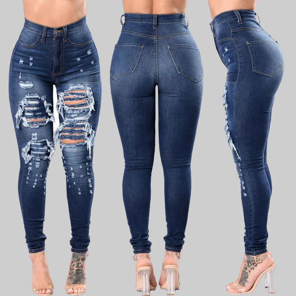 New Designer Women 2025 High Waist Ripped Jeans for Women Skinny Black White Jeans Woman Elastic Slim Jean Female Femme