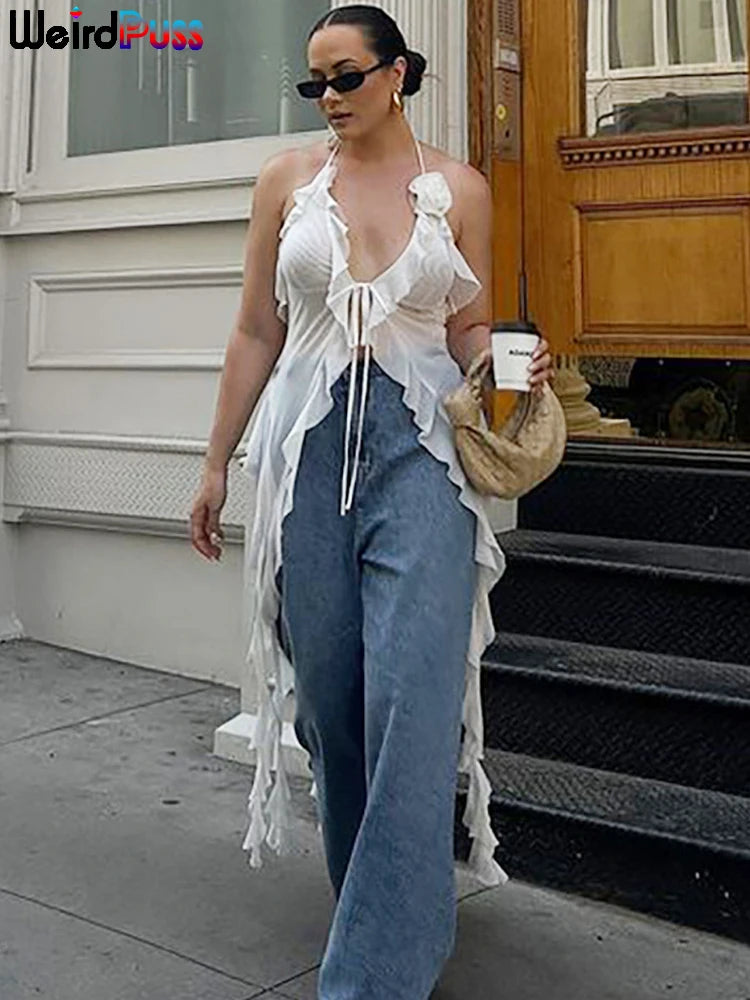 Weird Puss Blossoms Tank Tops Women Ruffles Y2K Summer Trend Sexy V-Neck Irregular Tassel Halter Backless Wild Street Camisole