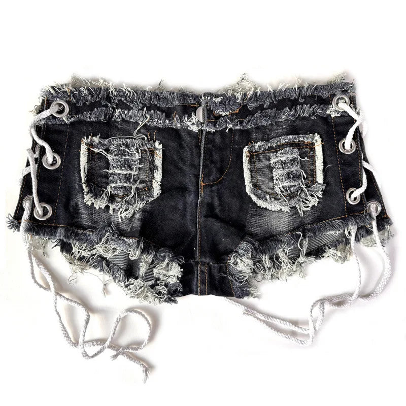 Women's Y2K Low Rise Denim Micro Shorts Lace-Up Side Frayed Booty Shorts for Rave Party Nightclub