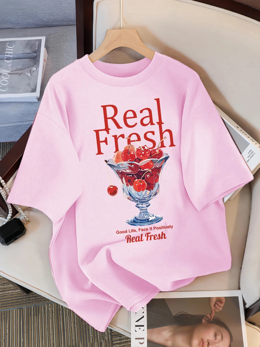 Real Fresh Cherry Fruit Cup Design Tee Shirts Female Comfortable Cotton T Shirt Fashion Casual Clothes Soft Street Short Sleeve