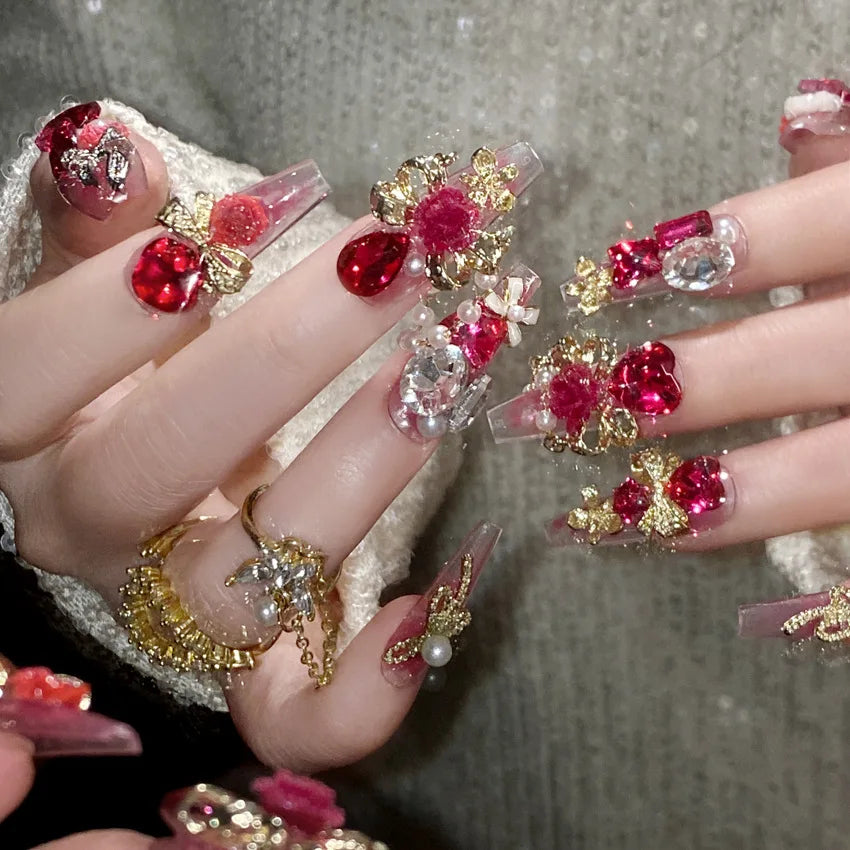 24pcs Heavy Metal Red Crystal Design False Nails 3D Gold Bow Pearl Decor Bride Fake Nail tips Full Cover Diamond Press on nails