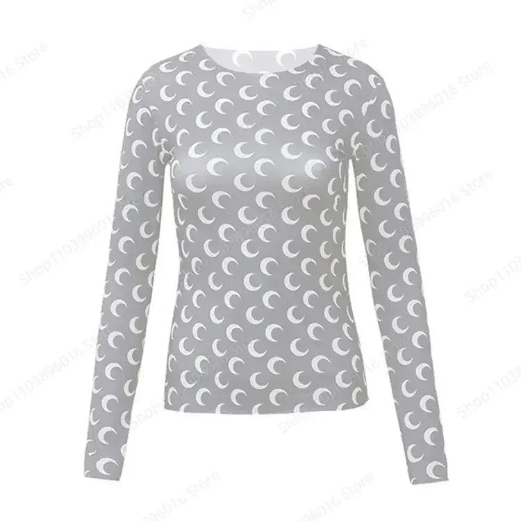 Moon Printed Tshirt Graphic Top for Women Stretchy Slim Korean Fall Spring Long Sleeve Tees Y2k Grunge T-Shirt 2000s Clothes