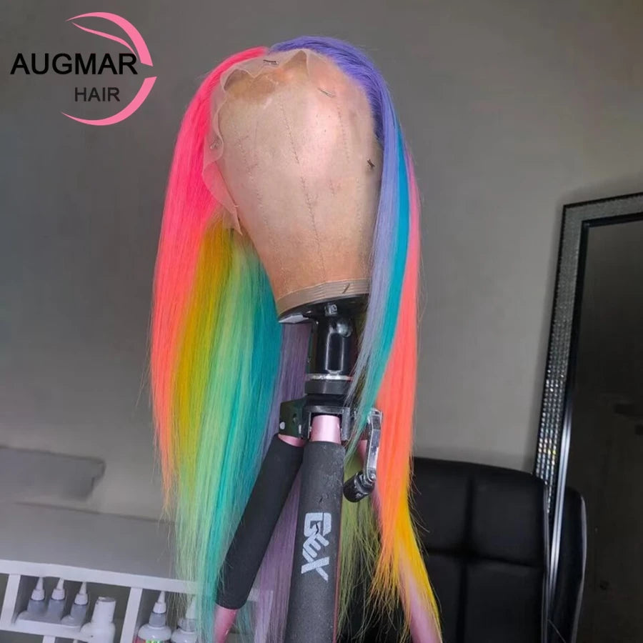 360 Rainbow Highlight Human Hair Wigs Transparent 13x6 HD Lace Frontal Wig Pink Purple Green Straight Lace Front Human Hair Wig