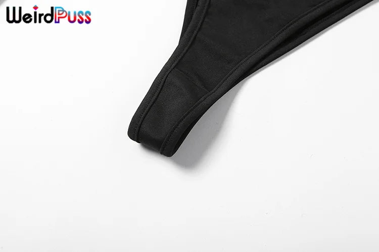 Weird Puss Beach Style Women Bikini 2 Piece Set Sexy Mesh Patchwork One Shoulder Bra Top+Bandage Briefs Vacation Trend Clubwear