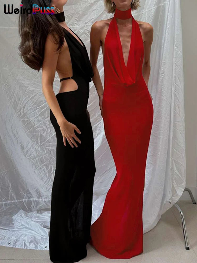 Hollow Halter Backless High Slit Long Bodycon Dress — Women's