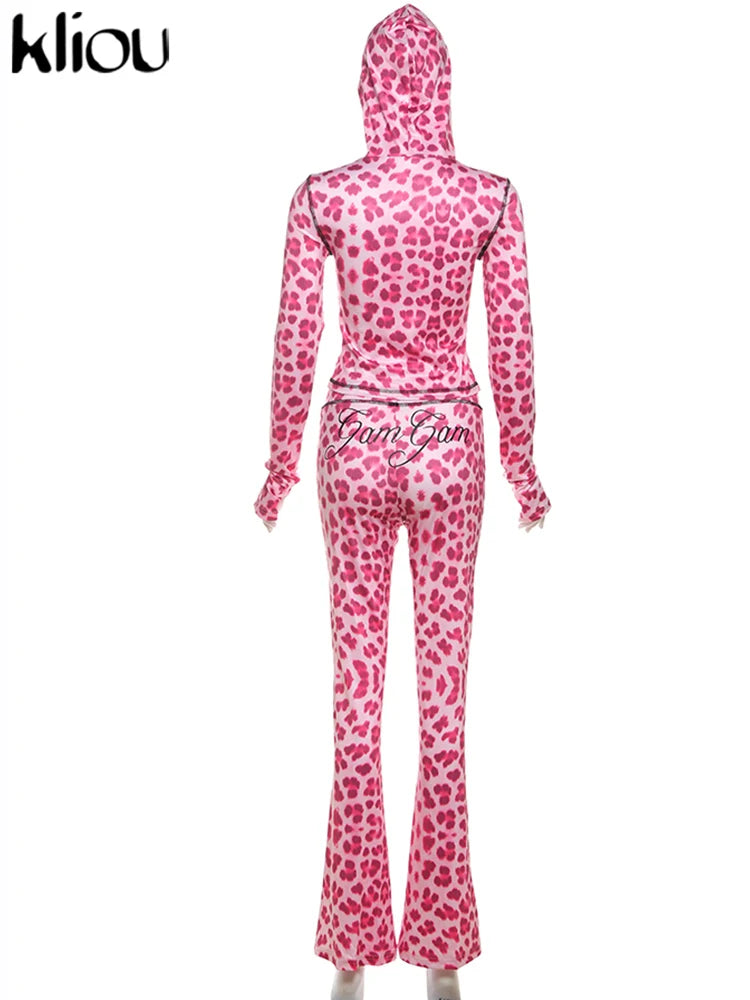 kliou Popular Leopard Women 2 Piece Set Trend Letter Print Hooded Long Sleeve Zip-up Tops+Matching Pants Female Trend Streetwear