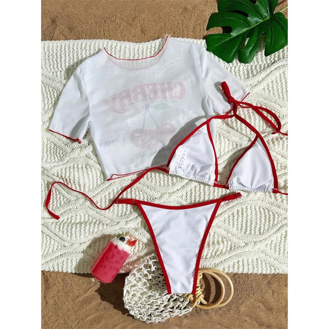 XS - L Cherry Printed Short Sleeve Bikini, Swimsuit,  Swimwear Three-pieces Bikini set Bather Bathing Suit Swim V6854